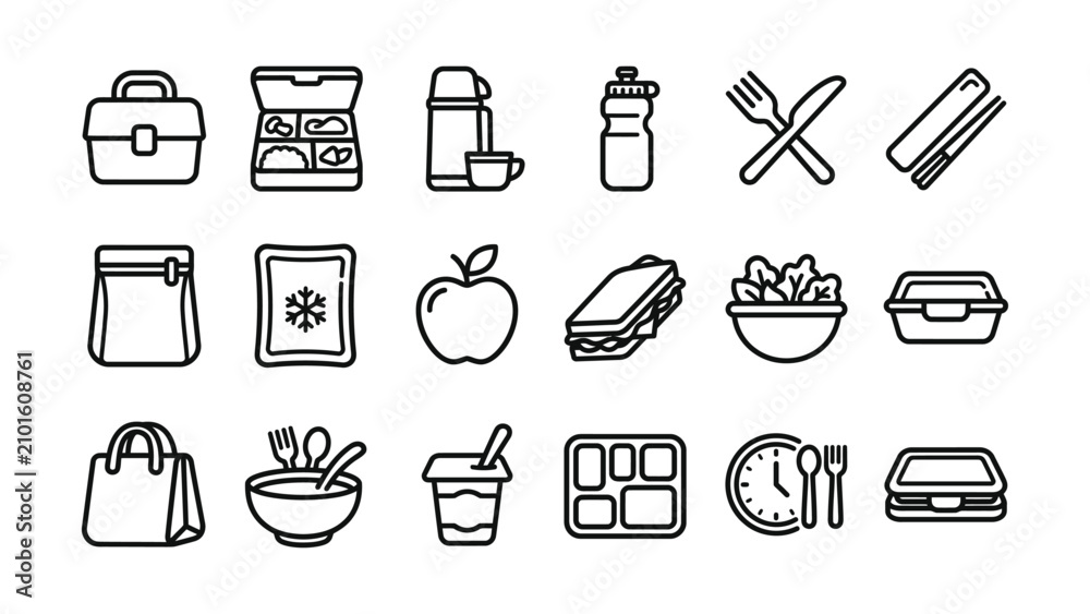 Fototapeta premium black line icons of food and drink items for lunch