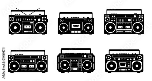 Foto Retro Boombox Collection, Vintage Cassette Player Icons, 80s Music Device Graphi