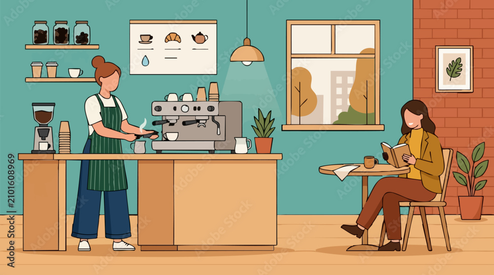 Fototapeta premium Cafe scene illustration with barista preparing coffee and customer reading