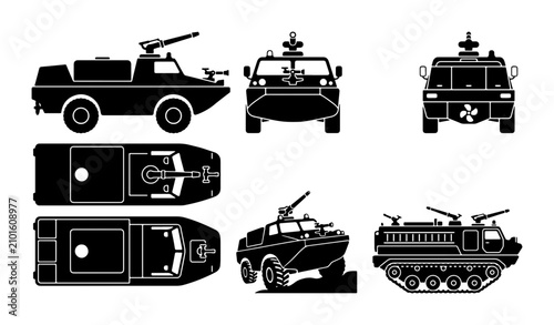 Canvastavla Amphibious Military Vehicles, Armored Transport, Vector Icons Set