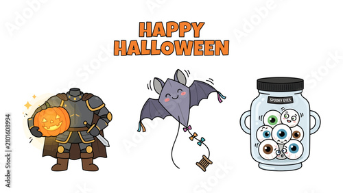 Fotografi Spooky Halloween Icons: A whimsical collection of charming Halloween illustrations including a knight with a pumpkin head, a playful bat kite, and a jar filled with spooky eyeballs