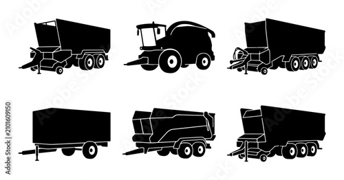 Cuadro en lienzo Agricultural Machinery Silhouettes: Harvesters, Trailers, and Forage Wagons, Far
