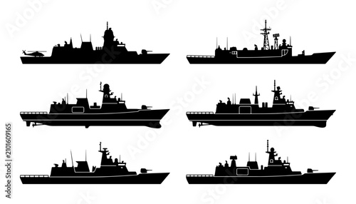 Quadro su tela Modern Warships Silhouette Set, Naval Destroyer Vector Icons, Military Ship Coll
