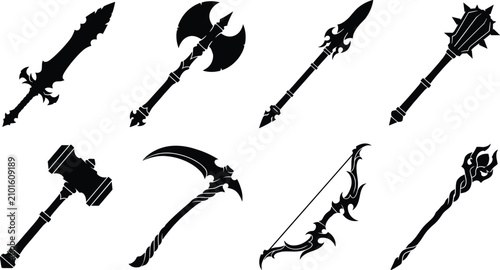 Fantasy Medieval Weapon Silhouette Set with Sword Axe Hammer Bow and Magic Staff Icons
