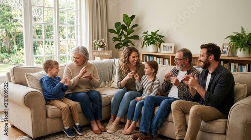 Happy family laughing together on couch.