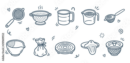 Hand-drawn line art icons of various kitchen strainers and colanders