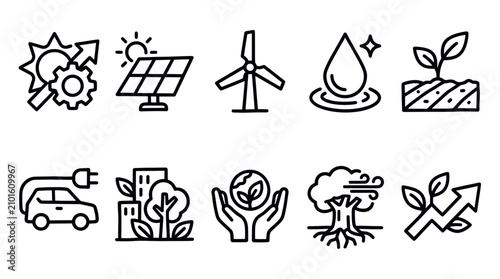 Bild auf Leinwand Renewable Energy and Sustainable Environment Outline Icon Vector Set
