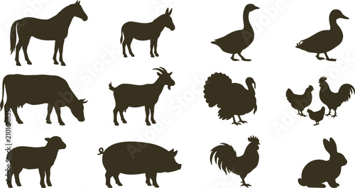 Konstfotografi Farm Animals Collection Silhouette Vector Set with Dog Horse Cat Cow Pig Goat Sh