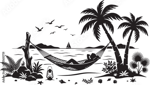 Foto Tropical beach scene with hammock and palm trees vector illustration for summer