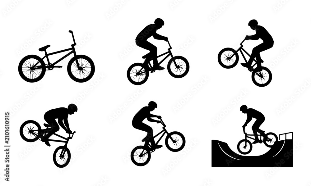 Obraz premium BMX Bicycle Silhouettes, Action Sports Rider Poses, Extreme Cycling Tricks Vector Set
