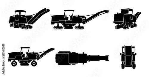 Obraz na plátne Construction Machinery Set: Asphalt Paver, Road Roller, Excavator Silhouettes fo