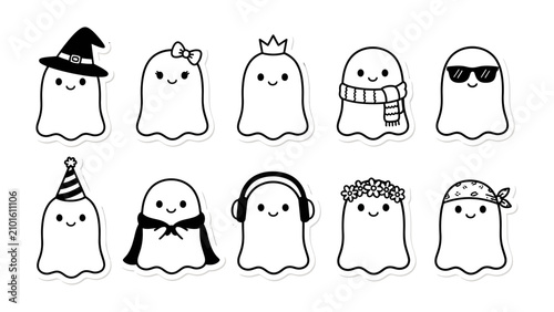 Foto Cute Ghost Characters: A collection of adorable cartoon ghosts, each uniquely styled with fun accessories like a witch hat, crown, sunglasses, and headphones