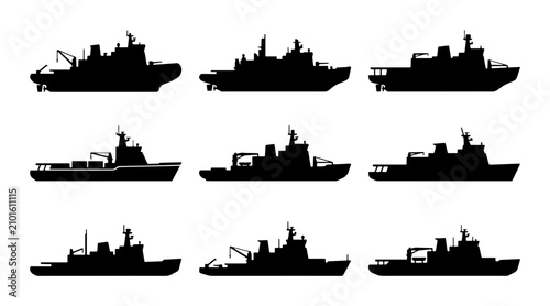 Bild auf Leinwand Naval Warships Collection, Military Vessels Set, Maritime Fleet Silhouettes, Sea