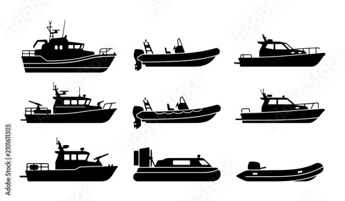 Foto Set of 9 Black and White Boat Silhouettes: Patrol, RIB, Hovercraft, Speedboat Ic