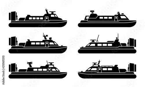 Konstfotografi Hovercraft Silhouettes, Set of 6 Black Vector Icons for Transportation and Milit