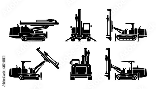 Cuadro en lienzo Drilling Rig Vector Set: Heavy Machinery, Construction Equipment, Industrial Veh