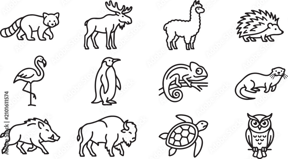 Obraz premium Vector animal icons set including red panda, moose, llama, hedgehog, flamingo, penguins, chameleon, otter, boar, bison, turtle, and owl in simple line art style
