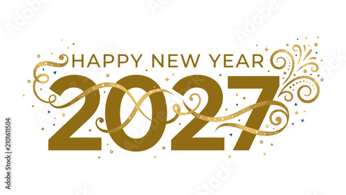 Canvastavla Happy New Year 2027 Graphics: Elegant golden text proclaiming Happy New Year 2027 with festive swirling accents and confetti, symbolizing new beginnings and celebrations