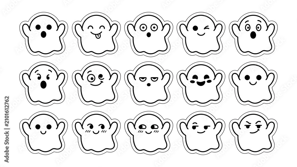Fototapeta premium Cute Ghost Sticker Pack: A collection of 15 unique, hand-drawn ghost stickers, each expressing a different emotion from surprise to joy, perfect for adding a playful touch to any design.