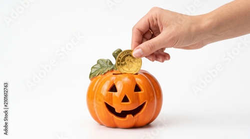 A hand places a gold coin into a pumpkin-shaped coin bank with a carved jack-o'-lantern face.