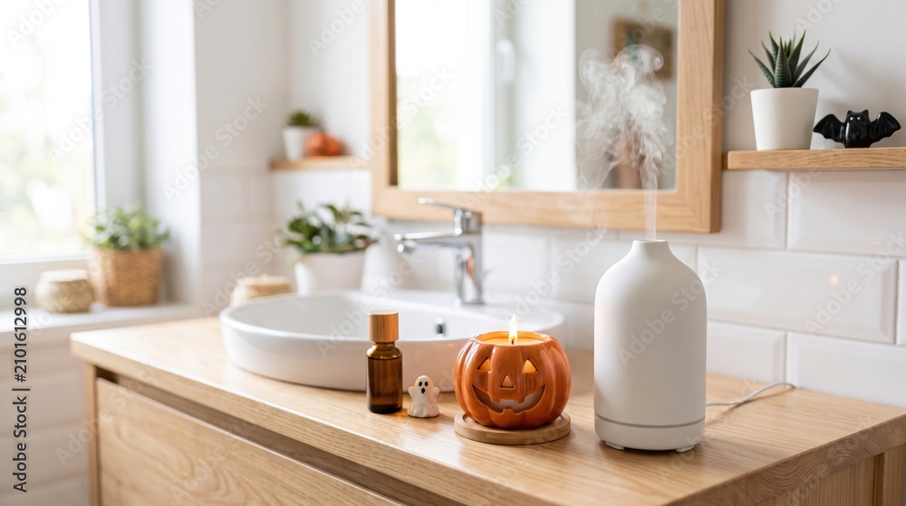Fototapeta premium A modern bathroom countertop features a ceramic sink, a Halloween pumpkin candle, a small ghost figurine, an essential oil bottle, and a misting diffuser with a plant in the background.