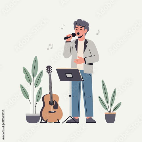 Obraz na plátně The male singer is singing beautifully in a melodious tone, vector illustration