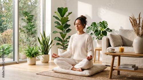 Calm woman practicing meditation in a well lit indoor environment filled with lush greenery and natural sunlight