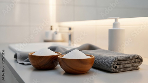Two Bowls of Salt and Towel on Bathroom Counter