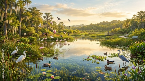 Serene wetland landscape featuring various bird species and vibrant greenery during the golden hour