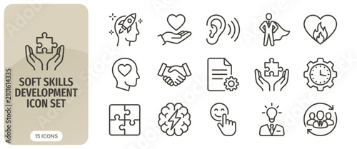 Soft skills development icon set, vector illustration of business and personal growth concepts including leadership, teamwork, problem solving, and emotional intelligence