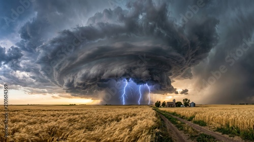 Intense thunderstorm over a golden wheat field featuring striking lightning and ominous cloud formations