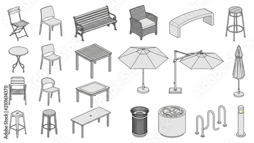 Cuadro en lienzo Vector collection of AutoCAD outdoor furniture and architecture elements