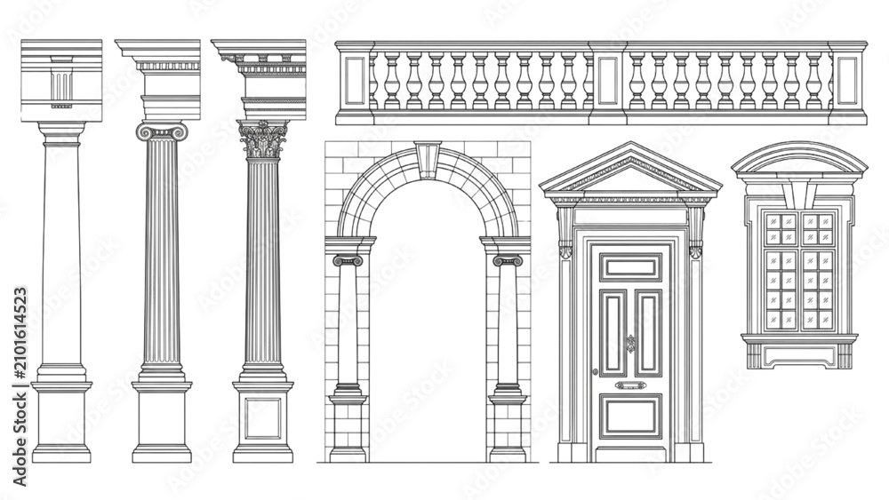 Obraz premium AutoCAD buildings architecture vector collection with columns and doors