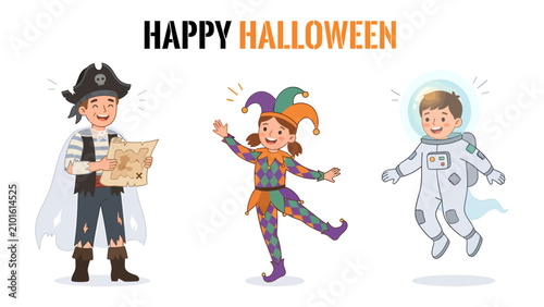Bild auf Leinwand Halloween Costume Fun: Three children dressed in imaginative Halloween costumes – a pirate, a jester, and an astronaut – radiate excitement and playfulness