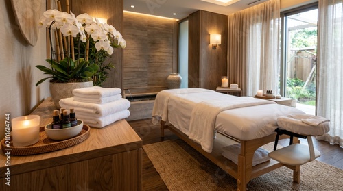 Tranquil spa environment featuring a massage table gentle lighting and sophisticated decor for ultimate relaxation and well being