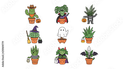 Spooky Succulents Collection: Adorable Halloween-themed succulent plants dressed as a cowboy, vampire, ghost, witch, devil, and more, each holding candy.