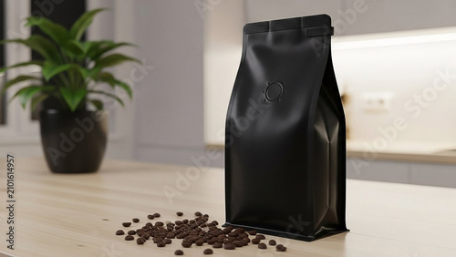 Black Coffee Bag and Beans on a Wooden Countertop
