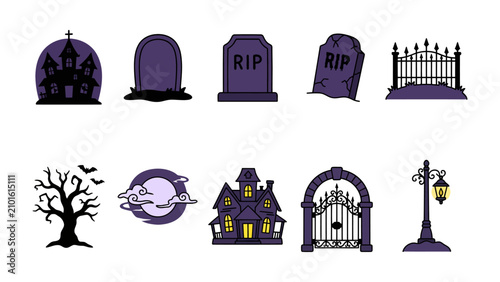 Foto Spooky Halloween Icons: A collection of eerie illustrations perfect for Halloween, featuring haunted houses, gravestones, a bare tree, and a ghostly moon