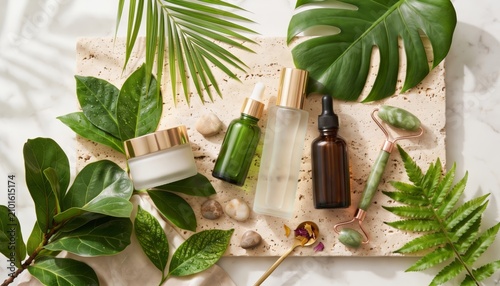 Elegant arrangement of natural skincare products surrounded by fresh green leaves on a textured background