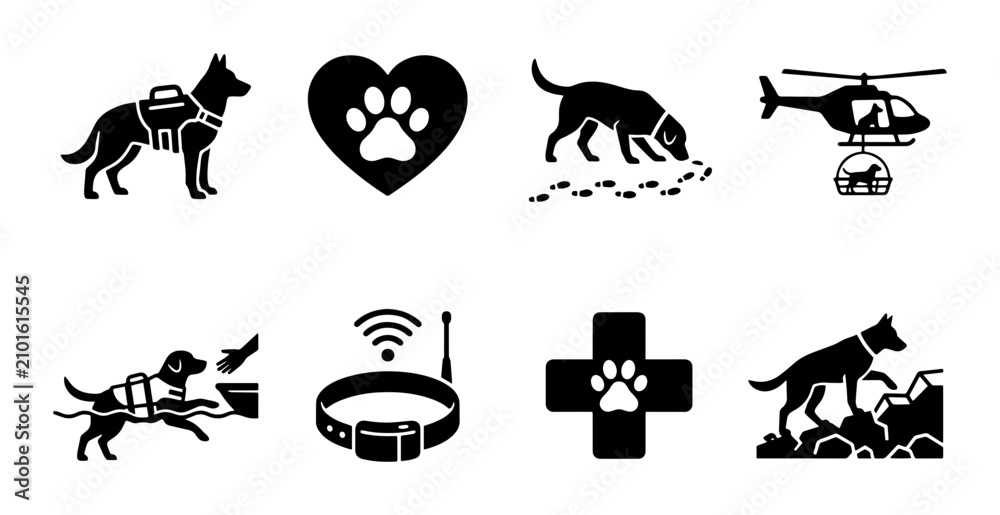 Obraz premium Dog Service Icons: Working Dogs, Search and Rescue, K9 Unit, Pet Care, Vector Set