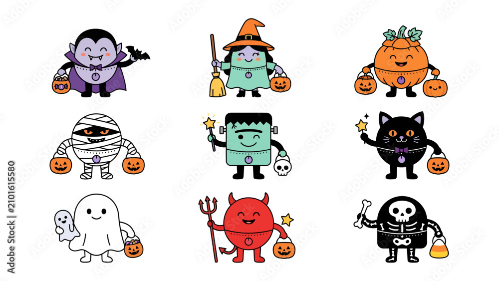 Fototapeta premium Halloween Monster Crew: A playful collection of adorable cartoon monsters, including a vampire, witch, pumpkin, mummy, Frankenstein, black cat, ghost, devil, and skeleton.