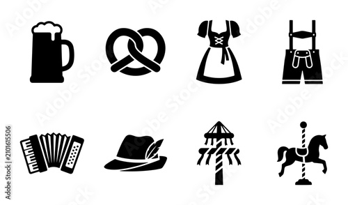 Konstfotografi Bavarian Festival Icons: Oktoberfest Beer Mug, Pretzel, Dirndl Dress, Lederhosen