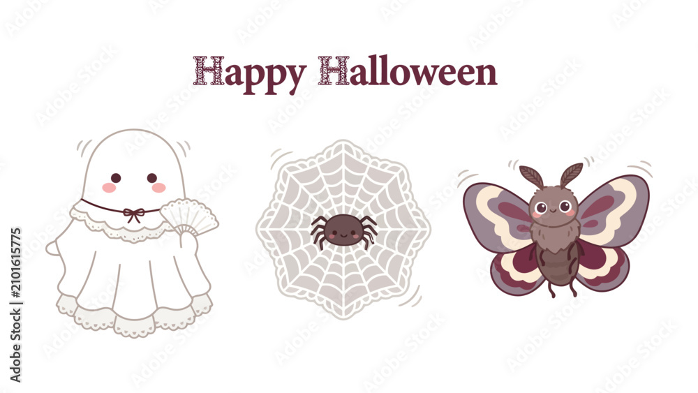 Obraz premium Happy Halloween Icons: Adorable cartoon ghost, spider in a web, and a cute moth celebrating the spirit of Halloween with playful designs and a cheerful atmosphere.