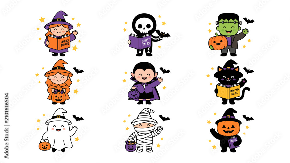 Obraz premium Cute Halloween Characters: A delightful collection of charming Halloween-themed characters including witches, skeletons, monsters, vampires, black cats, ghosts, mummies, and pumpkins.