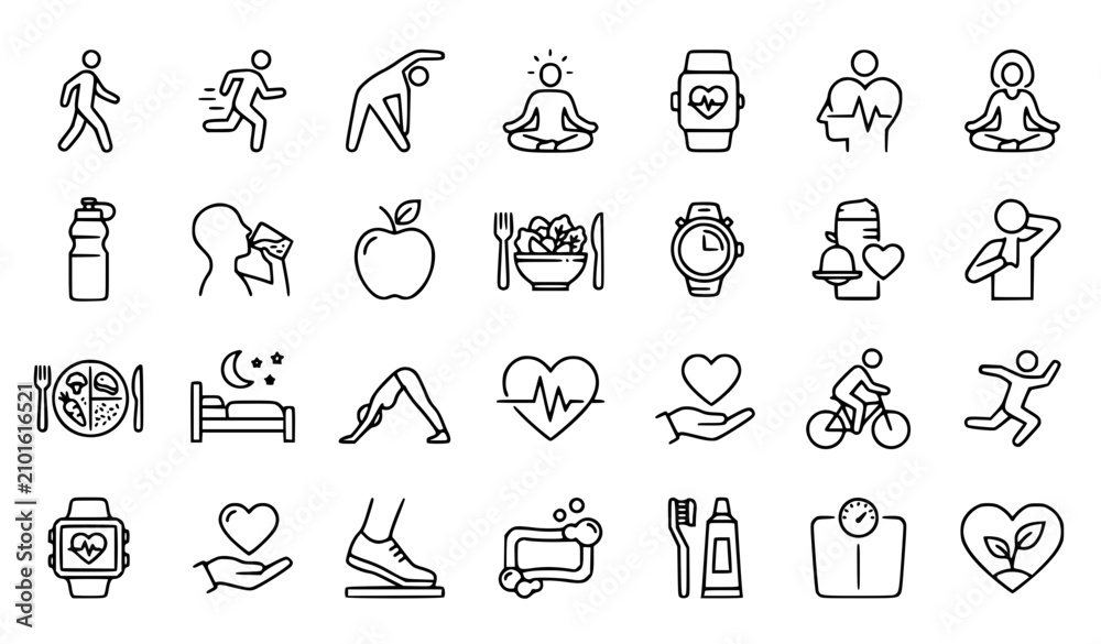 Fototapeta premium Health Wellness and Daily Life Line Art Icon Collection for Active Lifestyle and Self Care Design