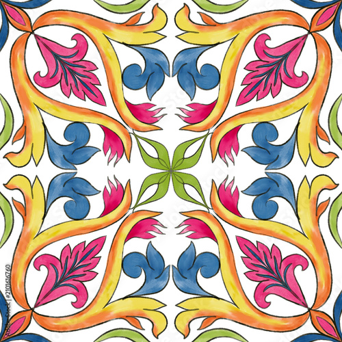 Mediterranean majolica geometric azulejos tile patchwork. islamic, morocco colorful style