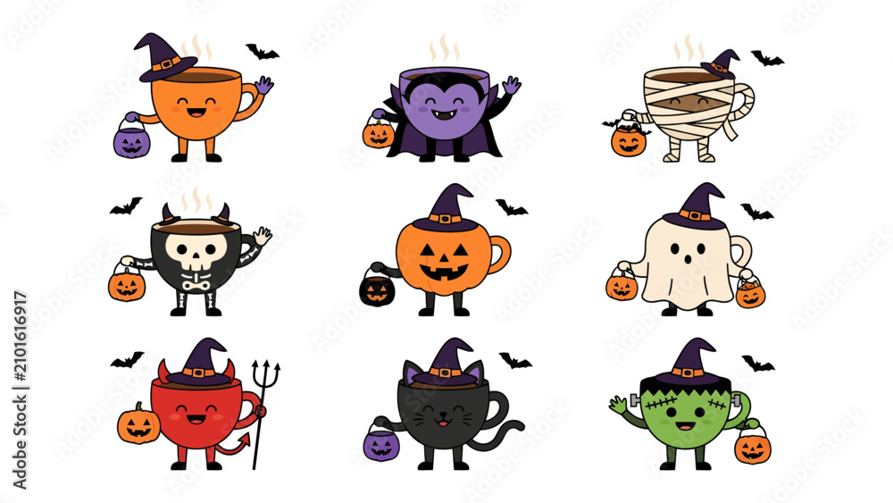 Fototapeta premium Halloween Coffee Characters: A playful collection of nine coffee cups, each personified as a different Halloween character, complete with witch hats, spooky costumes, and trick-or-treat bags.