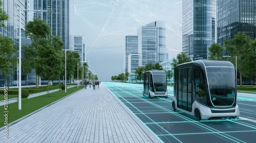 Futuristic autonomous pods navigate a smart city street with connected digital pathways