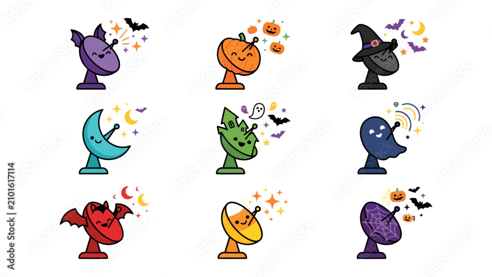 Fototapeta premium Spooky Satellite Collection: A vibrant array of cartoon satellite dishes adorned with Halloween themes, featuring pumpkins, witches' hats, ghosts, bats, and crescent moons.
