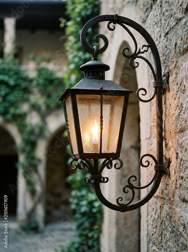 Vintage iron wall lantern with glowing flame on stone wall